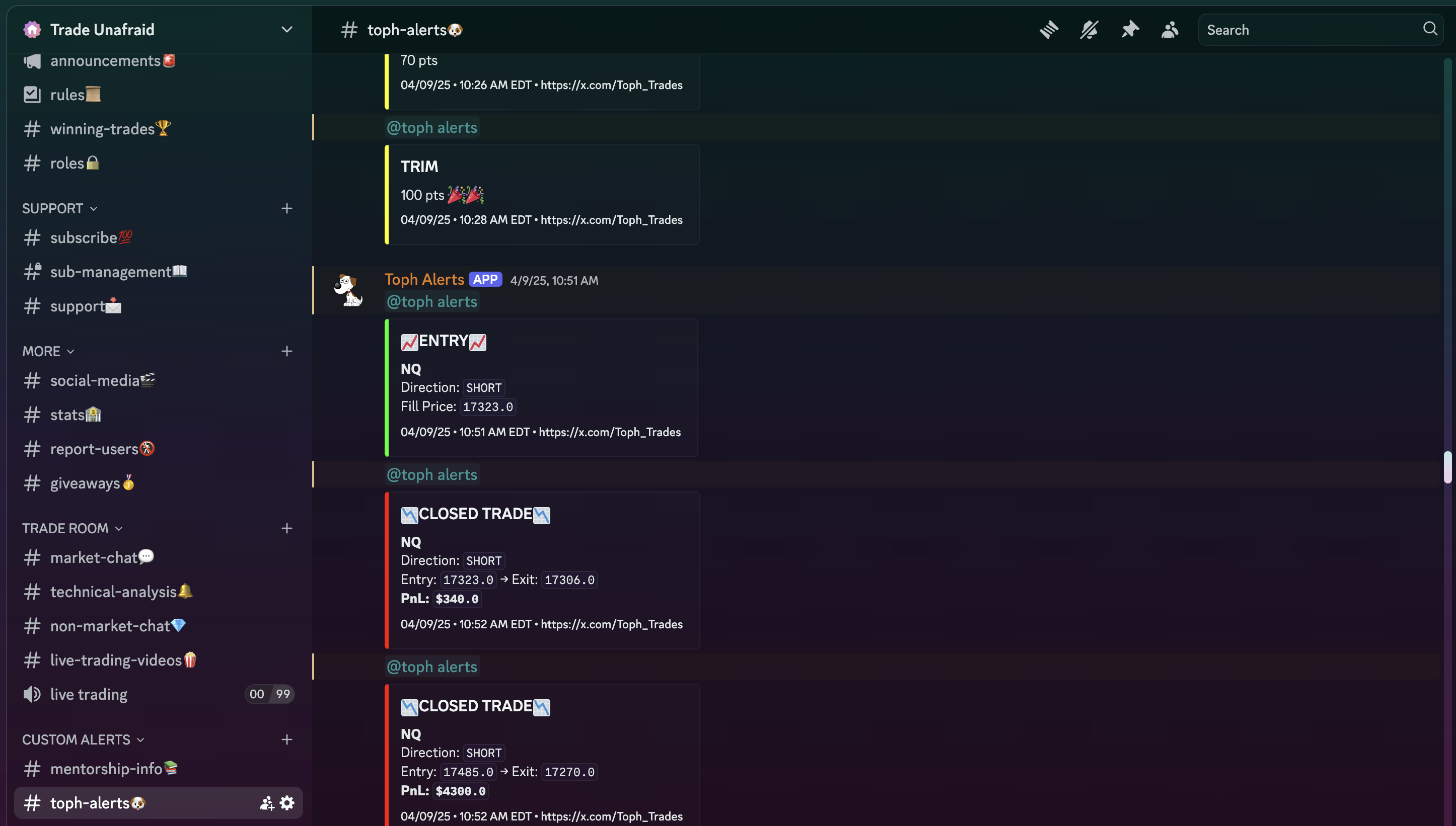Live alerts in the IronKey Discord — real-time NQ entries, trims, and closed trades with PnL